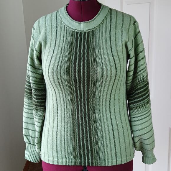 Pear Blossom Vertical Striped Sweater and Scarf Set Medium VTG 70s green black - Picture 6 of 16